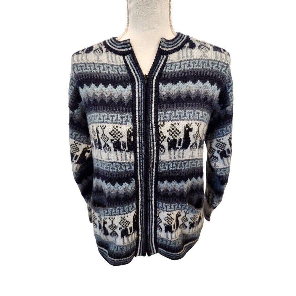 Vintage 80s Alpaca Womens Blue Zipper Front Cardigan Sweater M Soft Cozy